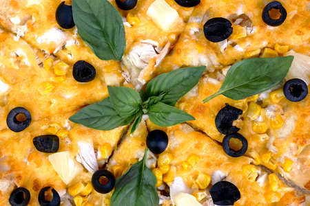 Homemade pizza with cheese, chicken meat, olives and basil leaves. Tasty unhealthy fast food snack of Mediterranean food. top view. close-up.の写真素材