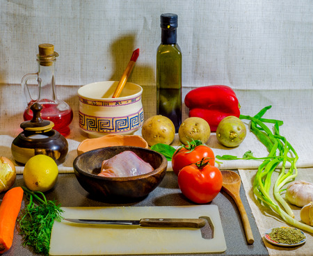 Spices and vegetables in kitchenの写真素材