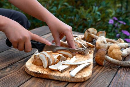 Close up view of caucasian girls hands cutting edible mushrooms. Wooden cutting board on an old wooden grunge table in the garden. Red cap boletus edulis.の写真素材
