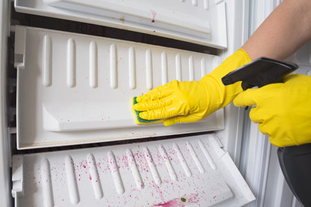 Defrosting and cleaning the freezer. A woman in latex gloves with a sponge and a spray gun cleans the freezer. Shallow depth of field. Space for text.の写真素材