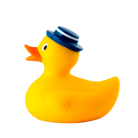 Rubber toy Duck with blue hat isolated on white の写真素材