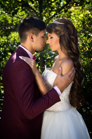 couple in wedding attire against the backdrop of the garden at sunset, the bride and groomの写真素材
