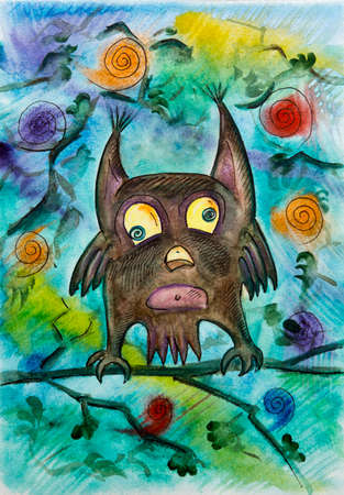 owl inadequate crazy color big eyes drawing watercolorの写真素材