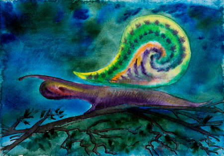 colorful snail carrying its shell watercolor drawingの写真素材