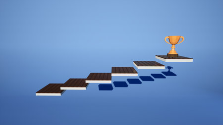 The floating ladder to success, golden trophy Victory concept, award, goal, The result of a commitment to success, images for inspiration Team Motivation running a successful business, 3d illustrationの写真素材
