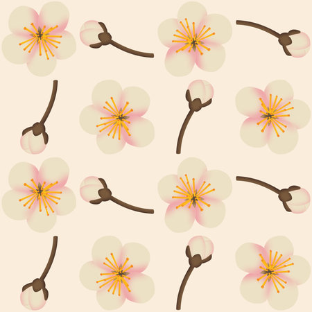 A seamless pattern of apple blossom and apple blossom budding on a cream background in a hand-drawn gradient color spring floral concept, illustrationの写真素材