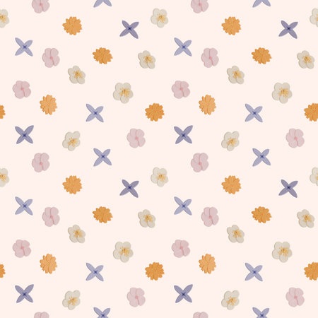 A seamless pattern of lilac, plumeria, apple blossom, and cosmos on a cream background in a Smooth...