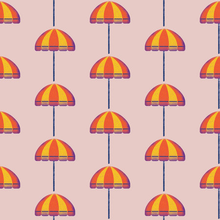 A seamless pattern of umbrella on a light pink background in a Speckle Spray Paint Art Style Summer...