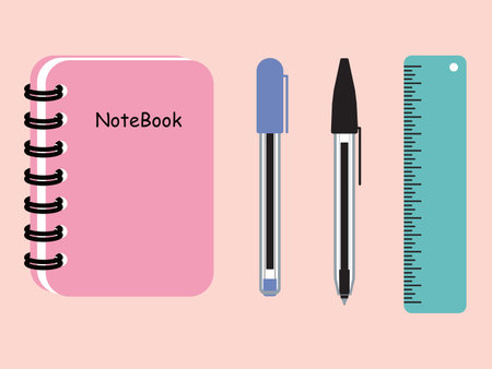 A Set of School elements such as Notebook, Ruler, Red Ballpoint Pen, and Blue Ballpoint Pen in a Flat Design minimal stationery concept, Vectorのイラスト素材