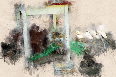 Cat sleeps under the old table. Acrylic ink.の写真素材
