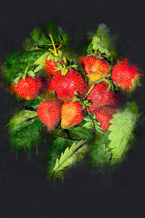 Juicy ripe strawberry on green leaves. Acrylic inkの写真素材