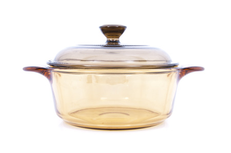 Transparent Glass Saucepan With Lid Over White Backgroundの写真素材