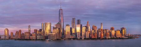 View of Manhattan skyscrapers at sunset, New York City, USAのeditorial素材