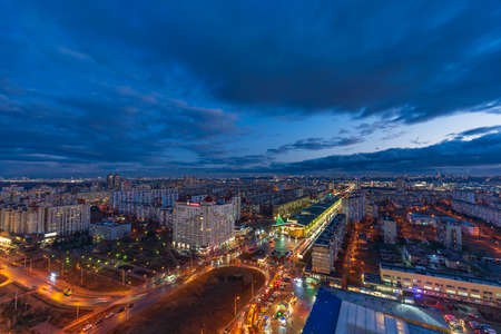 Aerial view of Moscow city at night, Russia. View from above.の写真素材