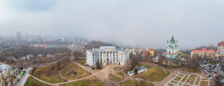 The autumn sun illuminates the National Museum of the History of Ukraine, the Chapel of the Tithes Monastery and St. Andrew's Church, Kiev, Ukraineのeditorial素材