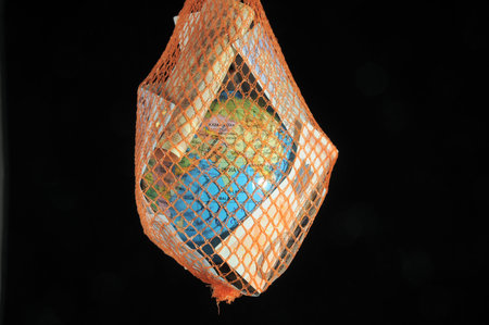 Globe trapped in a green net with euro currency  on a dark black bacground