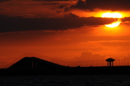Bridge on a very colored sunset in north Europeの写真素材