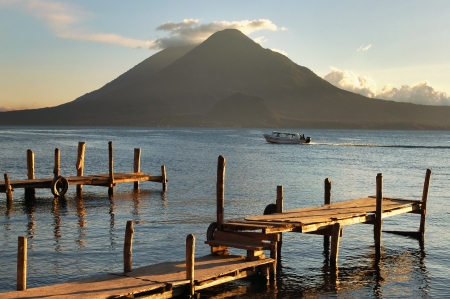 Pier on the Atitlan Lake in Guatemala at Sunsetの写真素材
