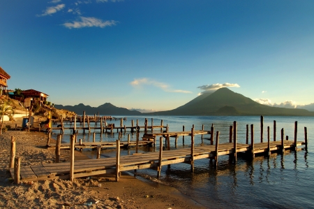 Pier on the Atitlan Lake in Guatemala at Sunsetの写真素材