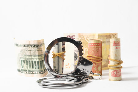 Tax Crime Concept Money and Handcuffs on a White 