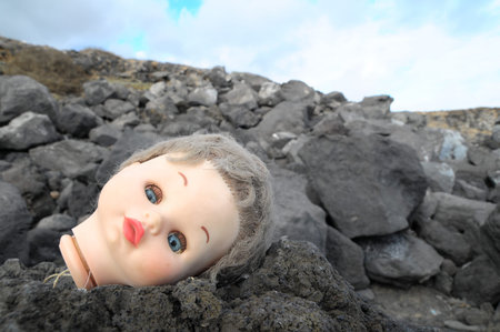 One Ancient Dool's Head Abandoned on the Rocksの写真素材