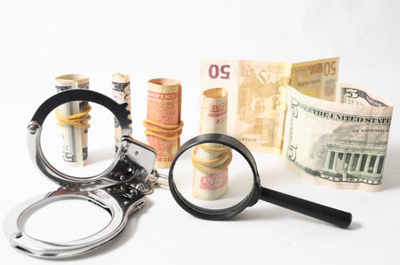 Tax Crime Concept Money and Handcuffs on a White Background