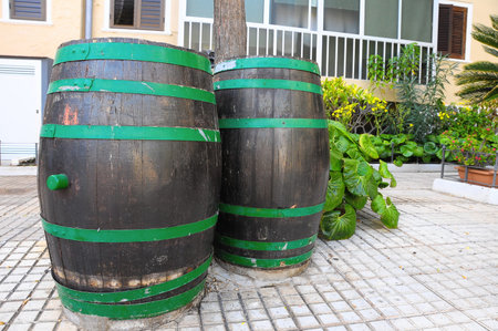 Decorative Old Wooden Barrel on an Urban Garden