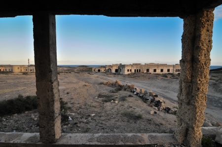 Abandoned Buildings of a Military Base at Sunsetの写真素材