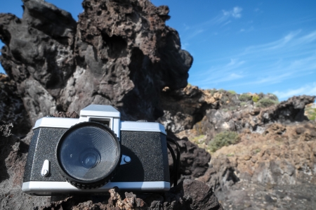 Photography Concept Classic Vintage 35mm Gray Plastic Cameraの写真素材