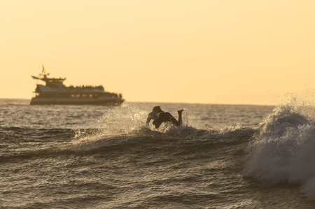 Backlight Silhouette Surfer in the Ocean at Sunset