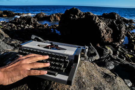 Old Ancient Vintage black and white Travel Typewriterの写真素材