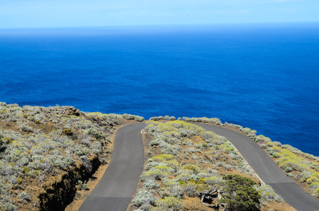 Long Empty Desert Asphalt Road in El Hierro Canary Islands Spainの写真素材