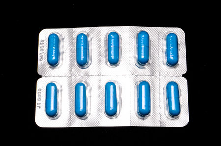 Blue Medication Capsules In Blister Pack Close-up