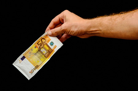 European Euro Money Banknote Currency and Right Handの写真素材