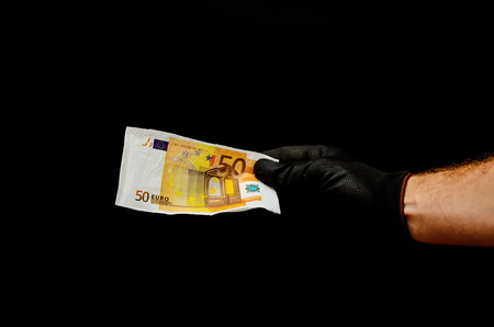 European Euro Money Banknote Currency and Right Handの写真素材