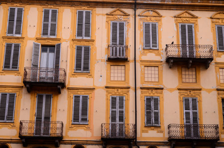 Building Facade with Windows in North Italyの写真素材