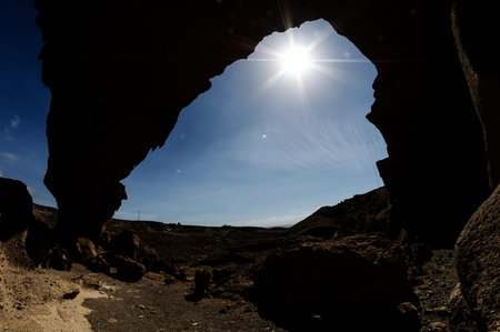 Desert landscape Natural Arch silhouette in Tenerife Canary Islands Spainの写真素材