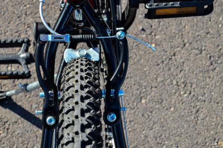 Close up of Modern Red Full Suspension Mountain Bike MTB Bicycle