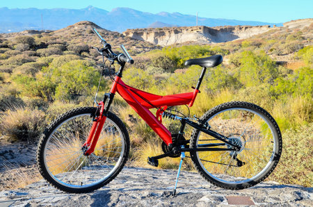 Modern Red Full Suspension Mountain Bike MTB Bicycleの写真素材
