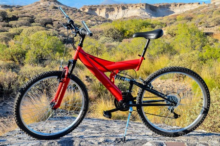 Modern Red Full Suspension Mountain Bike MTB Bicycleの写真素材