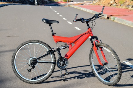 Modern Red Full Suspension Mountain Bike MTB Bicycleの写真素材