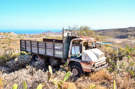 Rusty Abandoned Truck on the Desert, in Canary Islands, Spainの写真素材