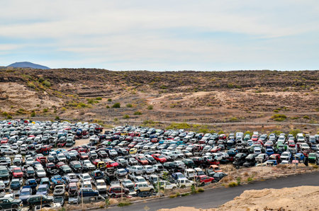 Scrap Yard With Pile Of Crushed Cars in tenerife canary islands spainの写真素材