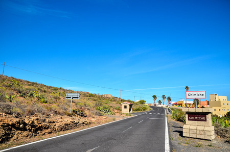 Long Empty Desert Asphalt Road in Canary Islands Spainの写真素材
