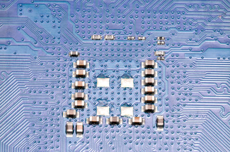 Macro Photo Of Electronic Circuit. Pcb On The Lighting.