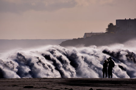 Rough Sea with Large Waves Breaking on the Coastの写真素材