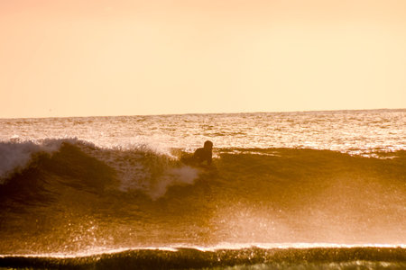 Single surfer at sunset on a calm oceanの写真素材