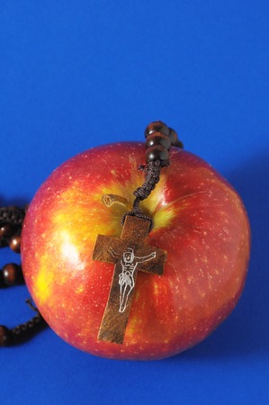 Bible Eva's Sin Red Apple over a Colored Backgroundの写真素材