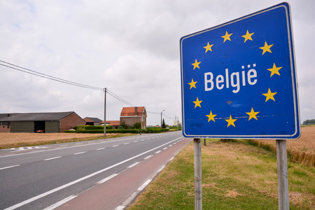Road sign indicating the border of a European Union country Belgiumの写真素材