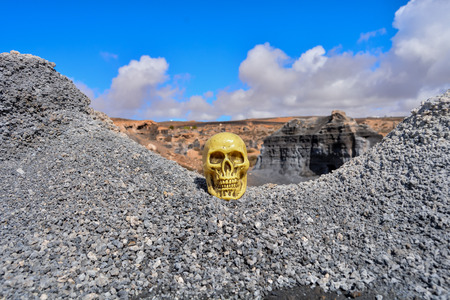 Conceptual Photo Picture of a Human Skull Object in the Dry Desertの写真素材
